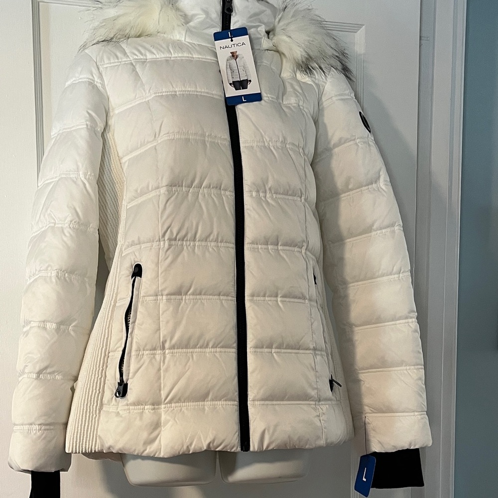Nautica Women's Cream Puffer Jacket with Fur Hood
